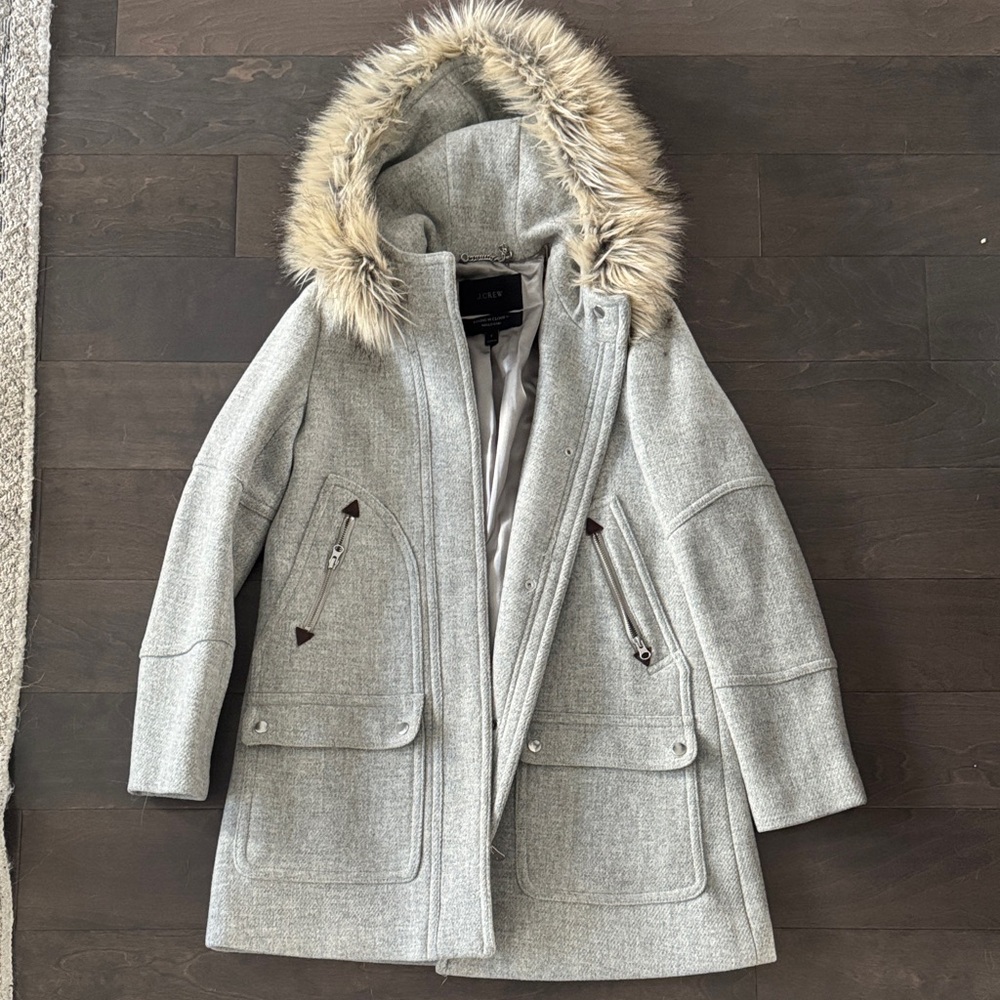 J. Crew Wool Fur Trim Pea Coat 2 Pristine Condition Stadium Cloth Nello Gori